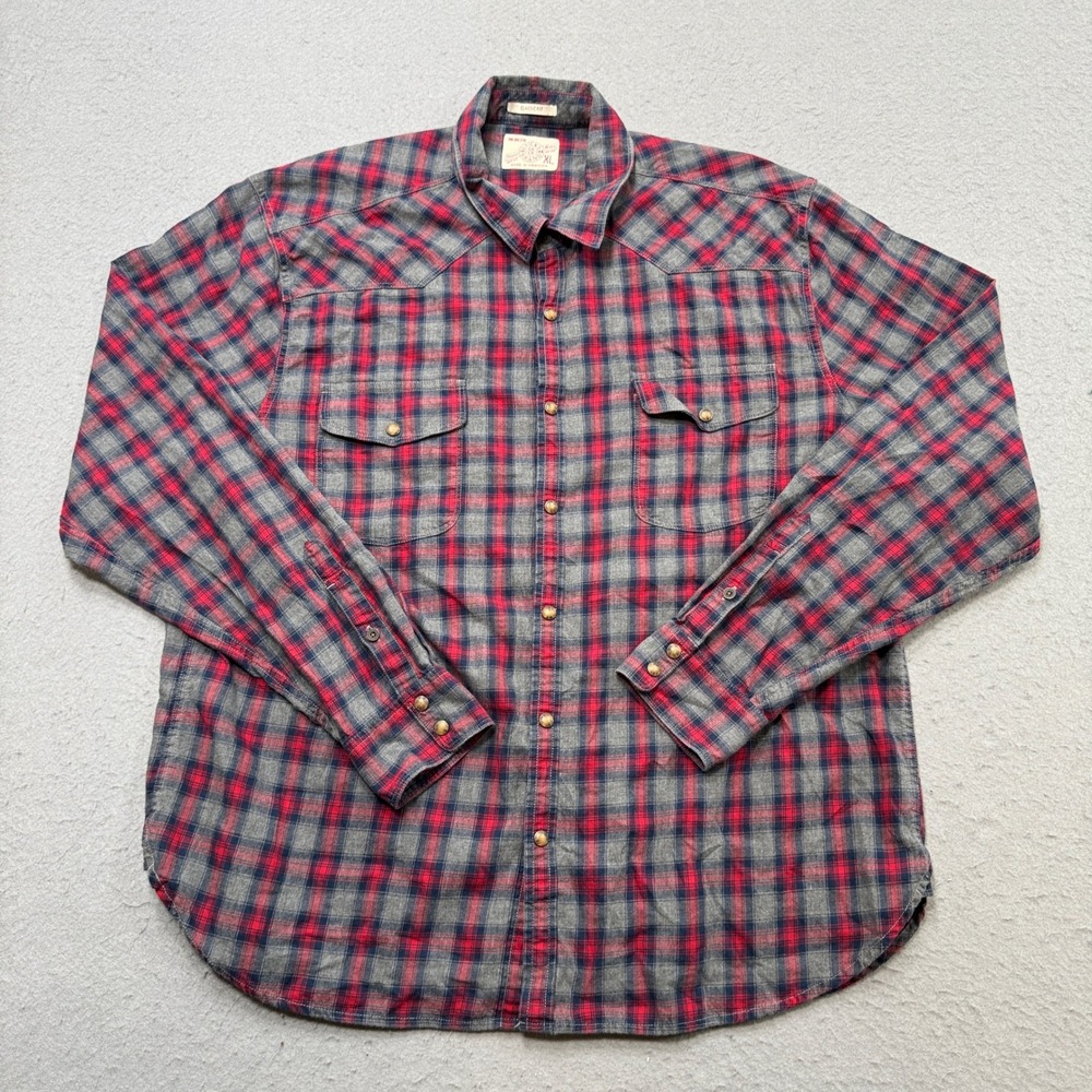 Lucky Brand Flannel Shirt Men's XL Red Plaid Pearl Snap Classic Fit Long Sleeve